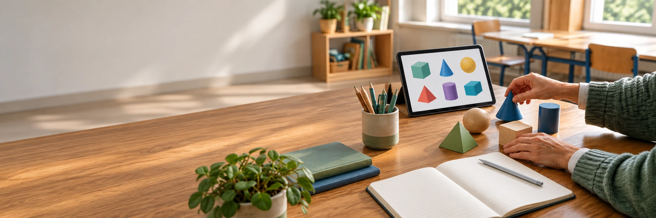 Materiały edukacyjne i tablet w sali lekcyjnej — ilustracja